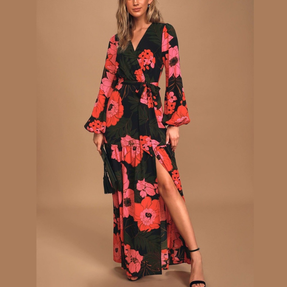 Unique Black Floral Print Maxi Dress